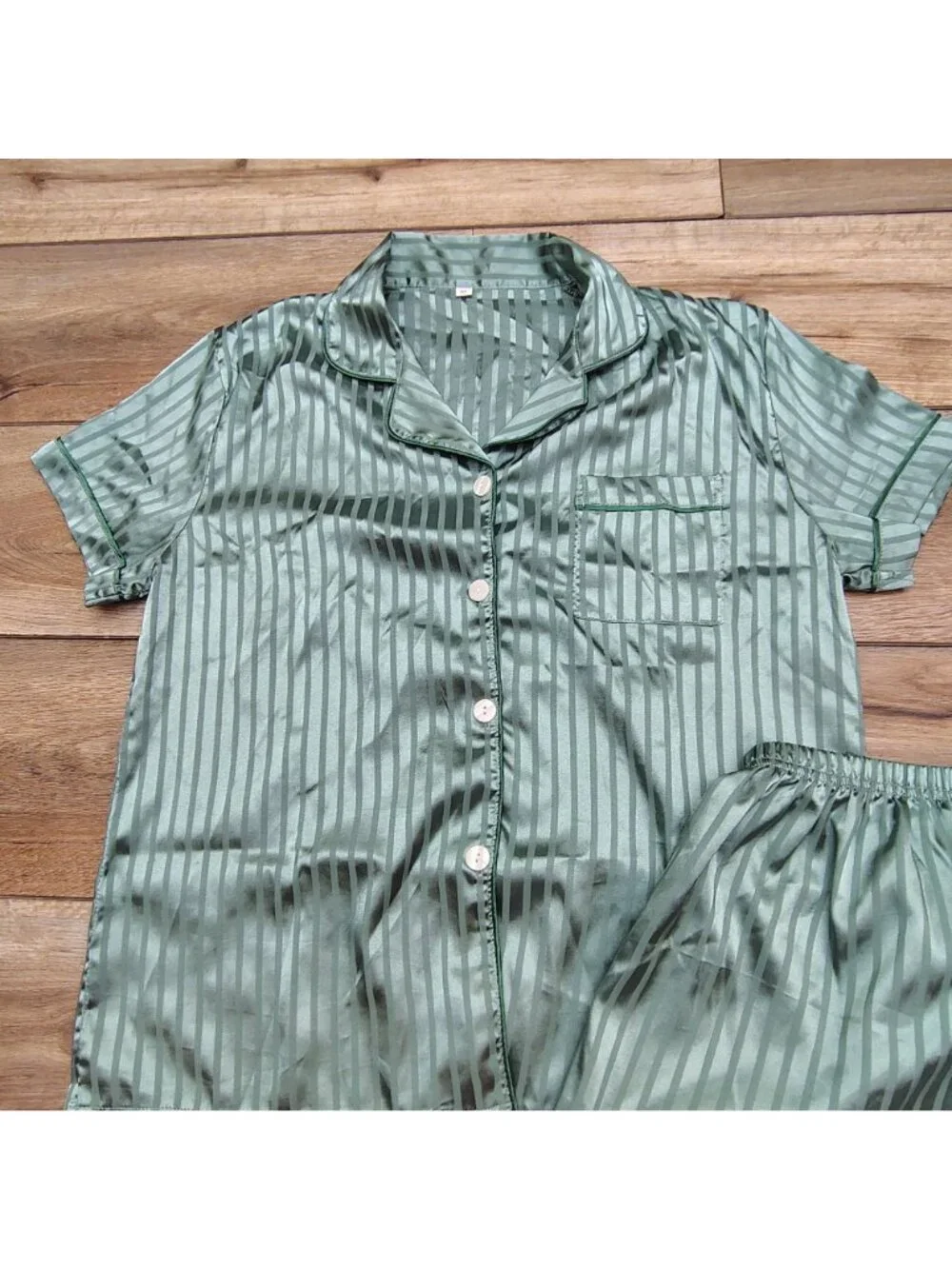 Satin Striped Pajama 2pc Set Sleepwear Satin Dreams Emerald Green Medium M Short